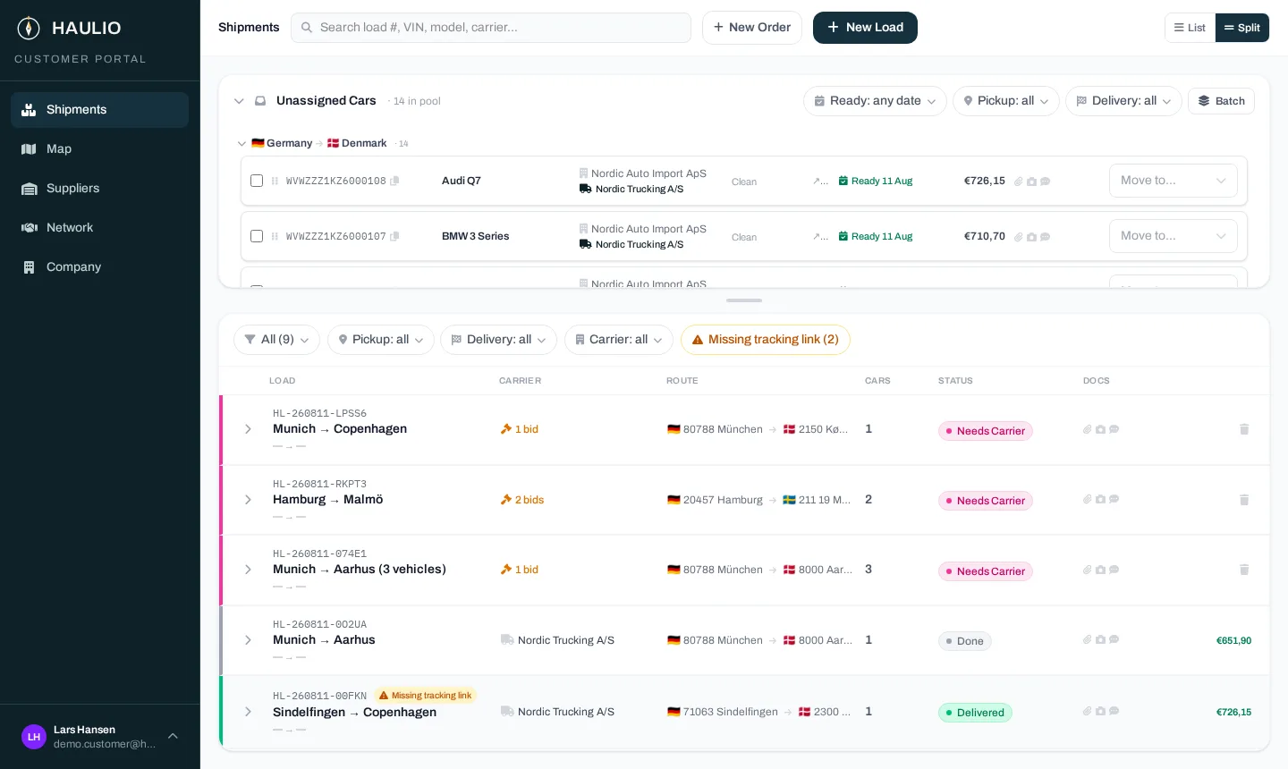 Haulio shipments board showing loads at every status, from needs carrier to delivered