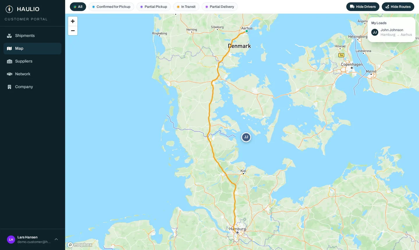 Live map with a truck's position and route line