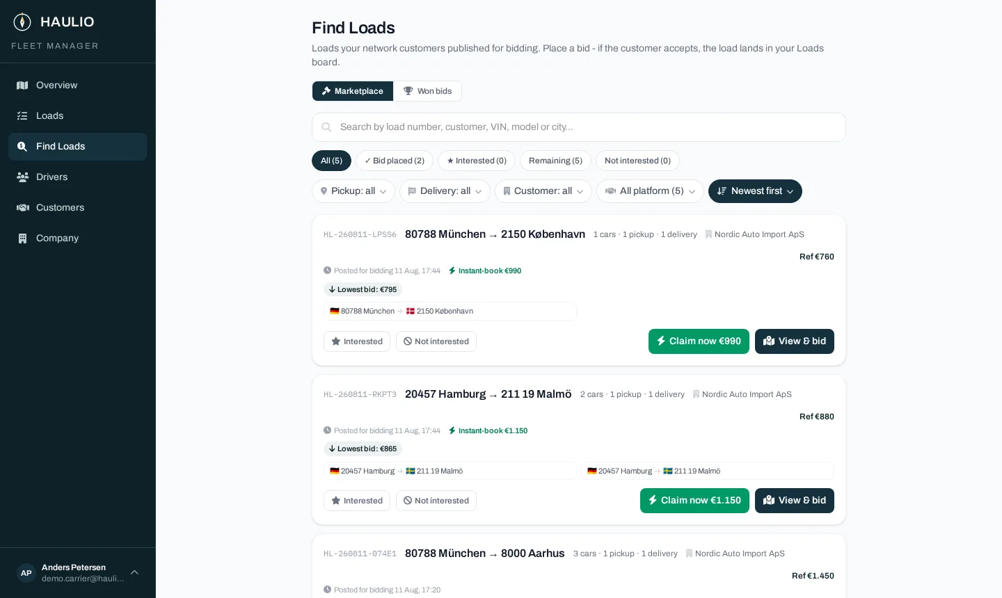 Find Loads marketplace with open bidding listings and lowest-bid pricing