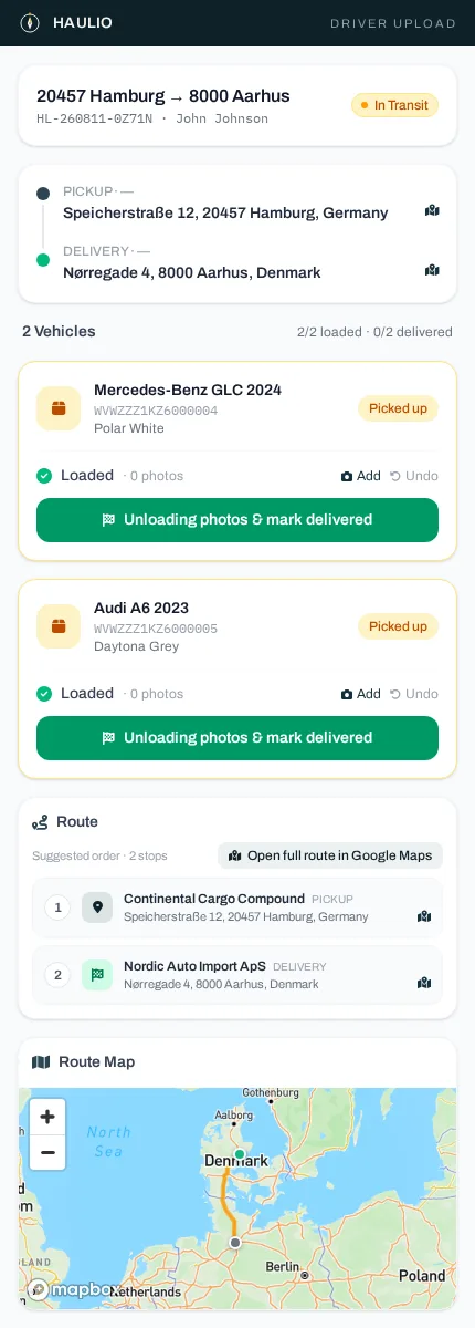 Driver's link on a phone, showing the route, vehicles to load and a live map